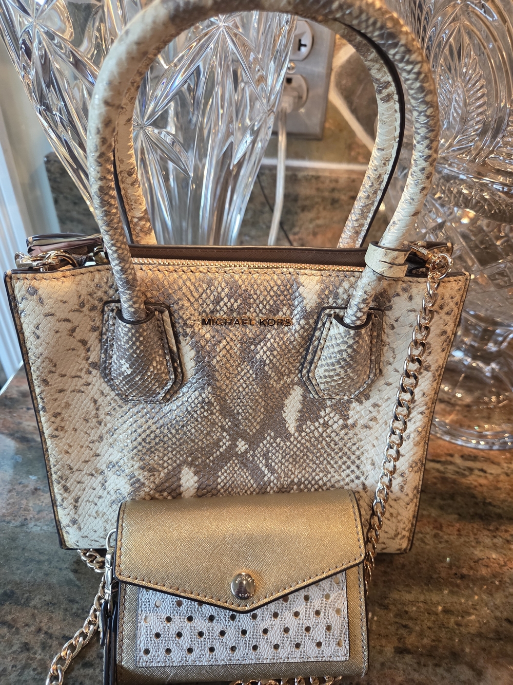 Michael Kors Gold Snake-Print Top-Handle Bag with Shoulder Chain And Wallet